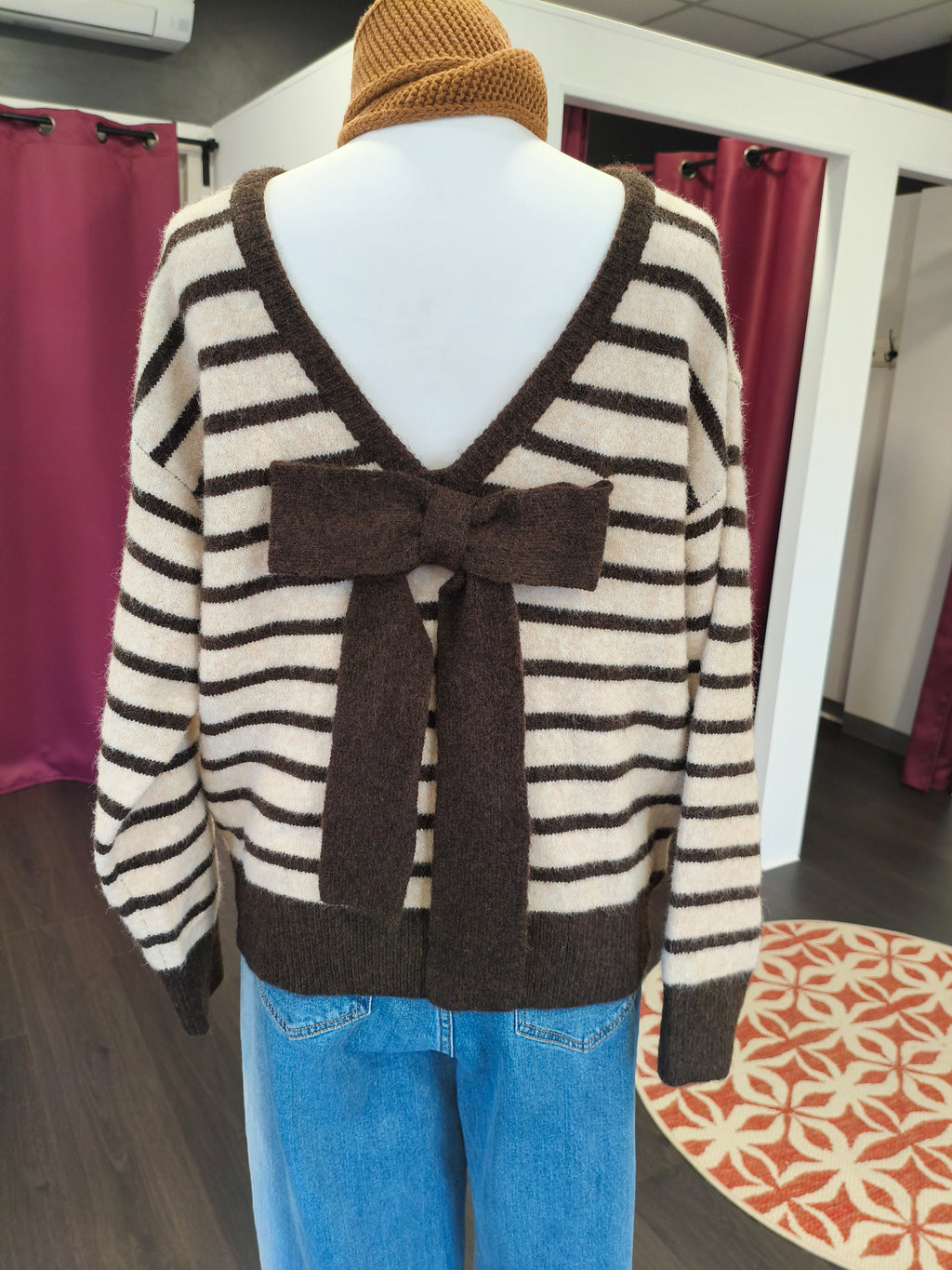 Pull rayure beige/chocolat