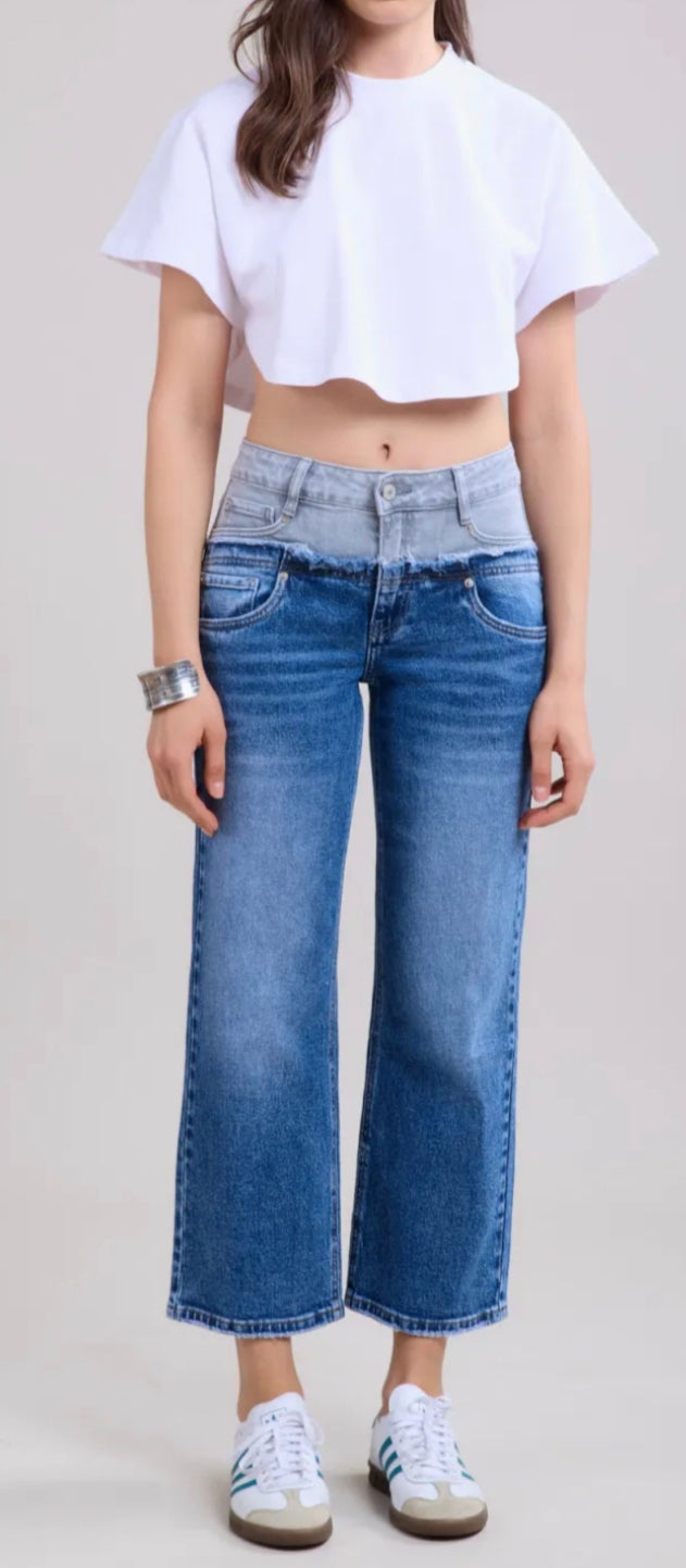 jean droit stretch cropped bi-color superposé
