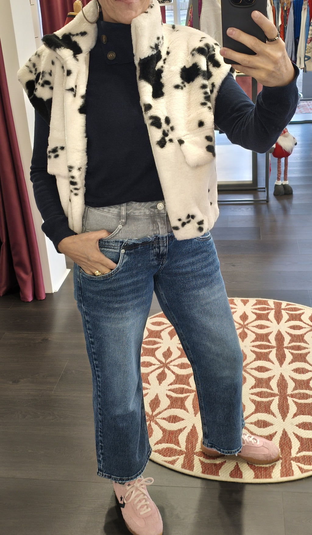 jean droit stretch cropped bi-color superposé