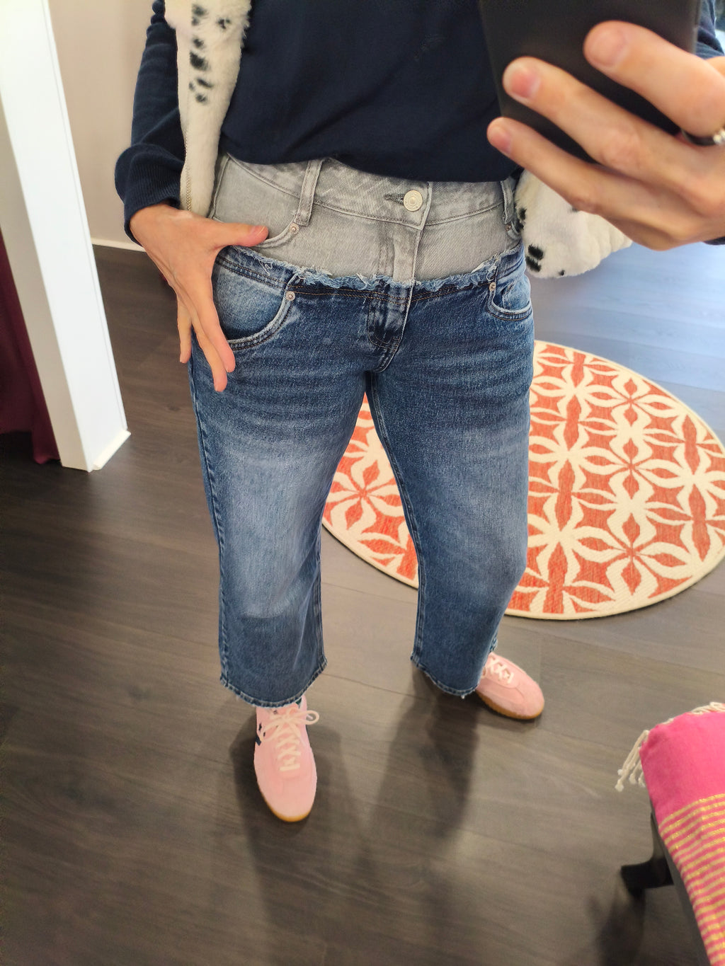 jean droit stretch cropped bi-color superposé